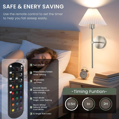 Rechargeable Battery Operated Wall Sconce Sets of 2, 15 Colors Wireless gooseneck Black Wall Lights Fixture with Dimmable Bulbs and Remote, Not Hardwired Wall Mounted Lamps for Bedroom Living Room