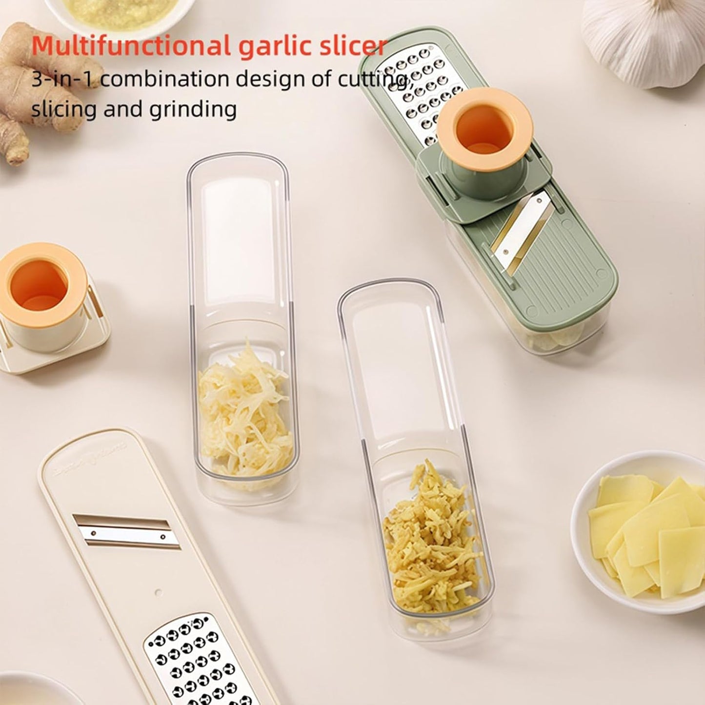 ANIS・KEBBR 3-in-1 Stainless Steel Garlic Grinder Slicer Shredder Easy Clean Safe Kitchen Food Cutter with Hand Guard