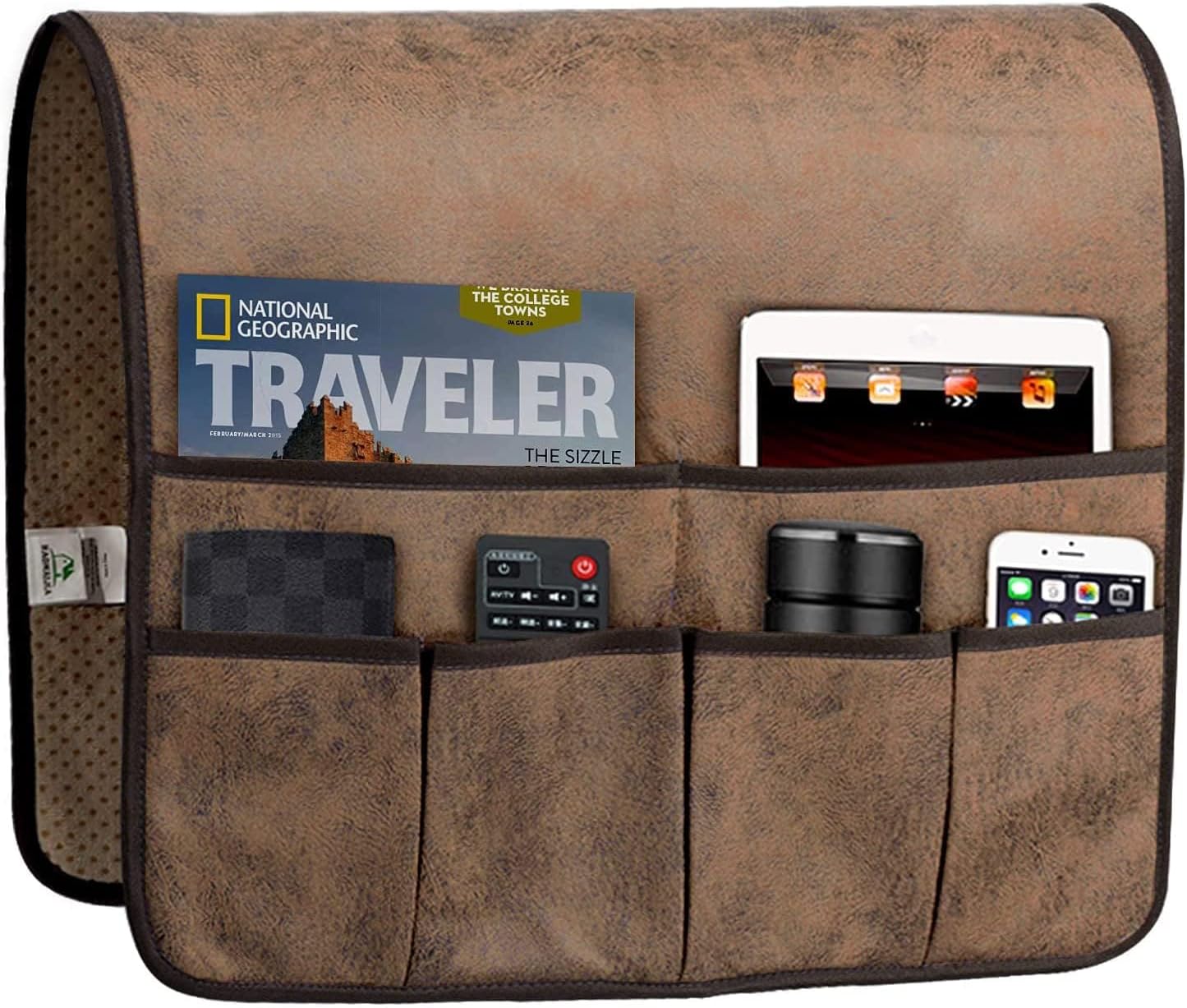 HAOMAIJIA Sofa Armrest Organizer, Remote Control Holder for Recliner Couch | Anti Slip Arm Chair Bedside Caddy Storage Organizer With 6 Pockets For Cell Phone Tv Remote Control Magazines (brown)