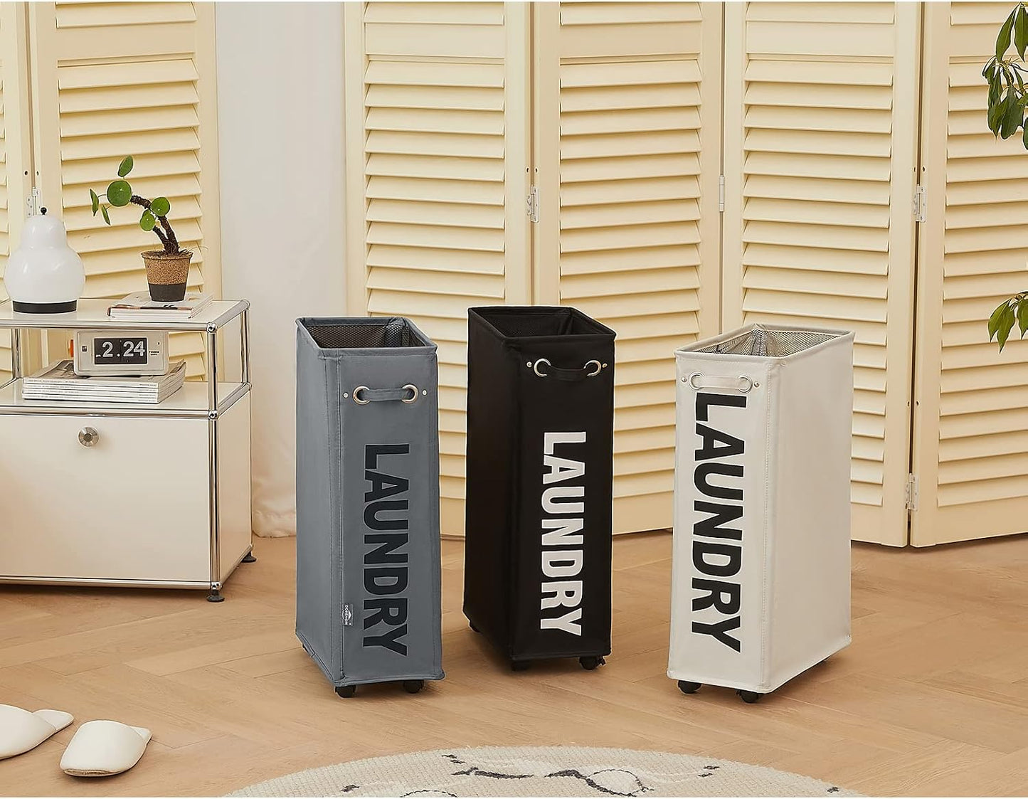 DOKEHOM 25" Slim Rolling Laundry Basket Hamper, Narrow on Wheels, Grey | Collapsible narrow laundry hamper with mesh drawstring closure. Foldable corner clothes storage bin for small spaces