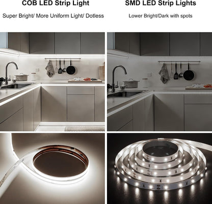 AXMOTUT Motion Sensor COB LED Strip Lights with Remote, 24V 9.84ft Natural White Dimmable LED Light Strips, High Bright 4000K LED Lights with Power Supply for Room, Kitchen, DIY Home Decoration