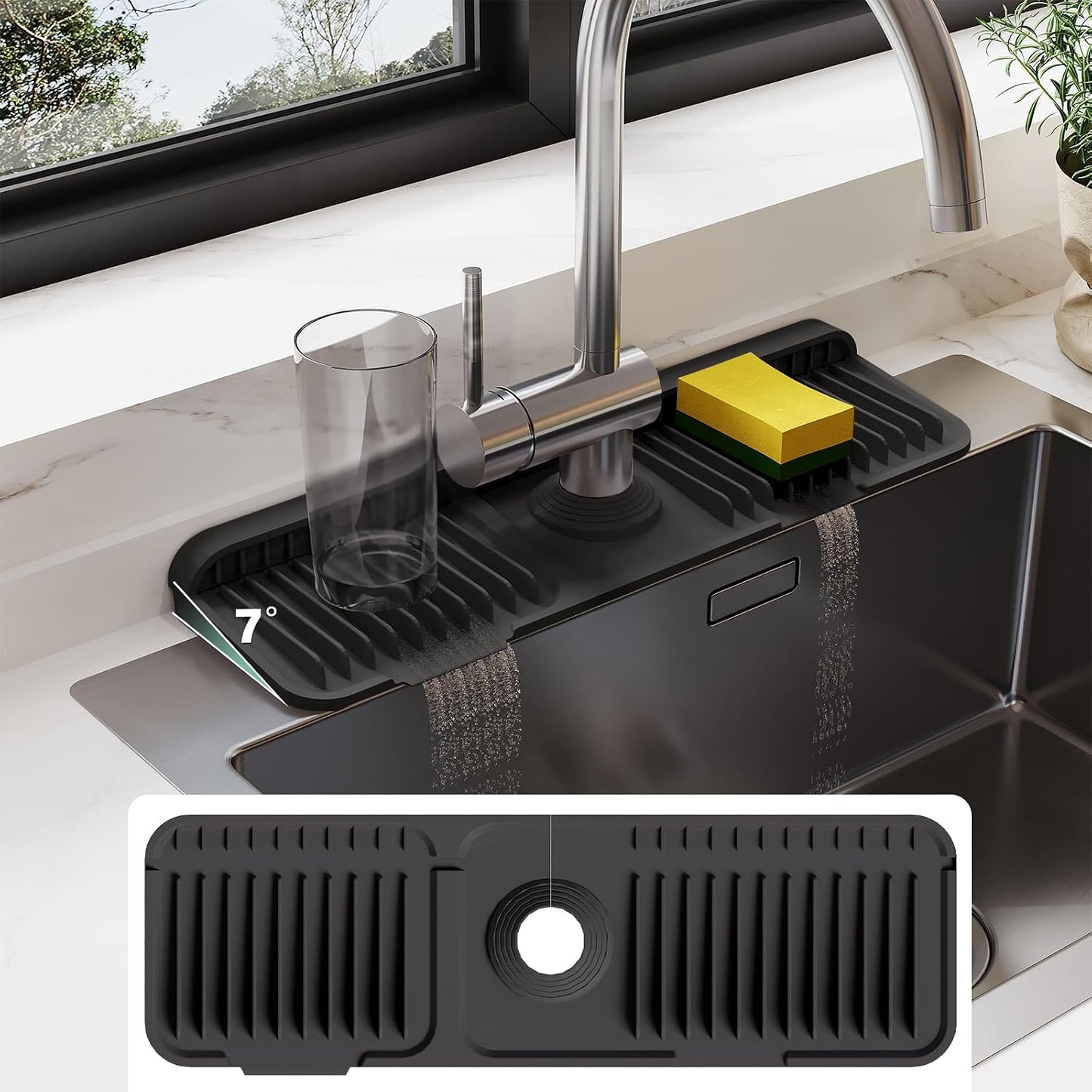 24-Inch Silicone Faucet Mat for Kitchen Sink Splash Guard, 7° Slope | 24"x5.5" water draining mat with fasten button; 1.6-2.75" customizable hole for bathroom, RV & kitchen sink drip catcher.