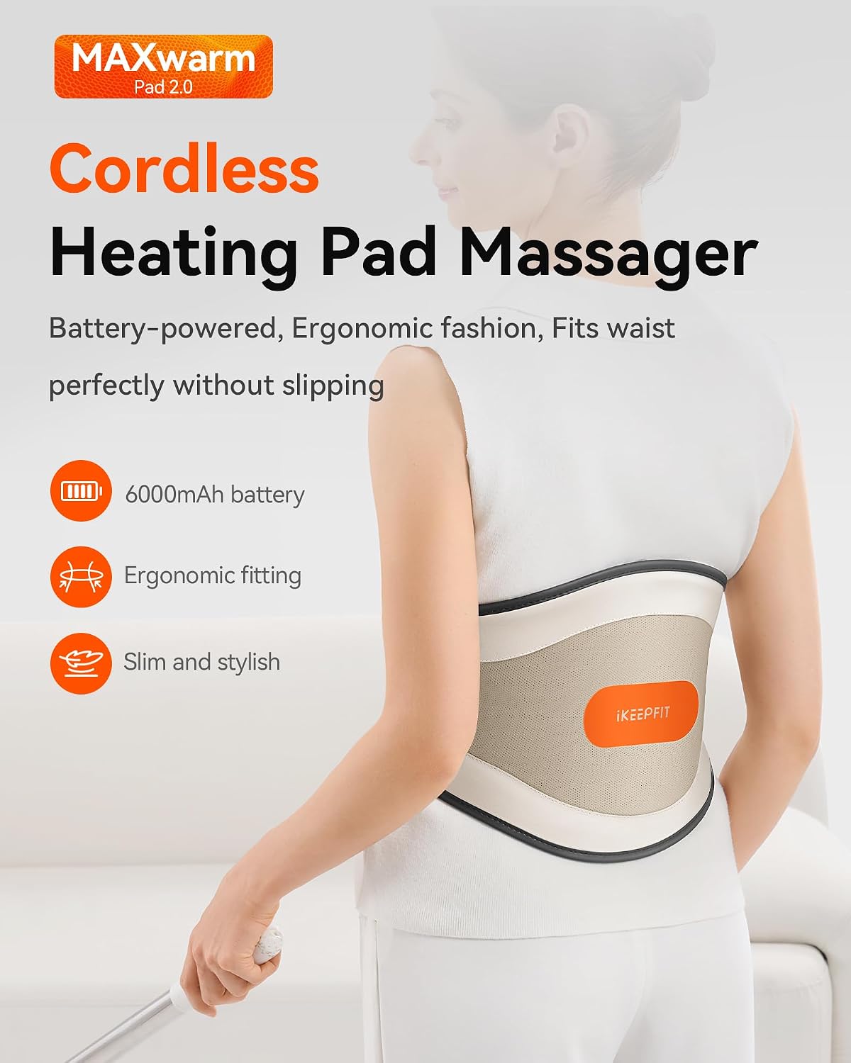 IKEEPFIT Portable Heating Pad for Back & Period Cramps, MAXwarm 2.0, Cordless Lower Back & Menstrual Heated Pad with Massager for Pain Relief, Wearable Heat Belt, Extra Large 70" (Grey)