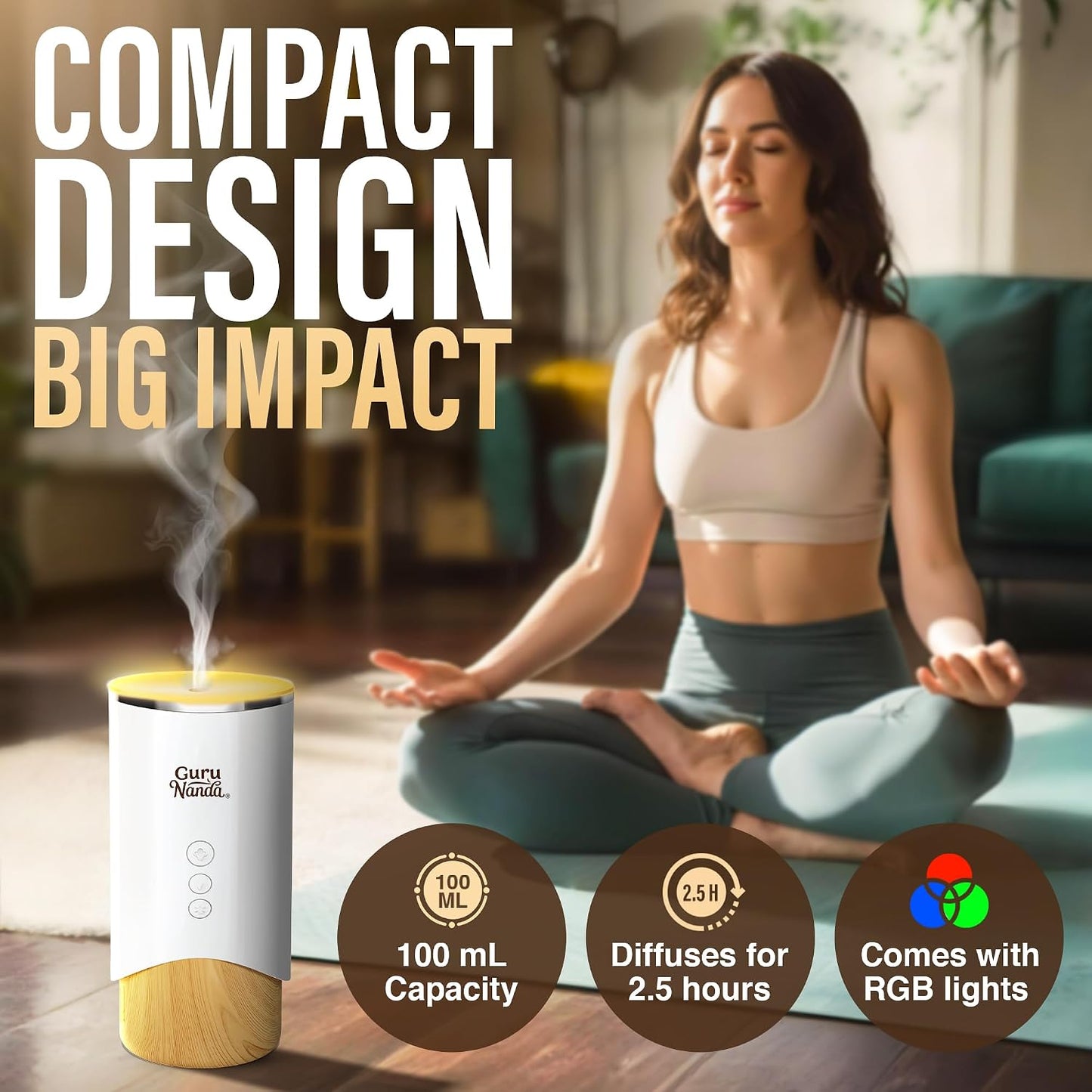 GuruNanda Calm Aura Essential Oil Diffuser, Sleek Modern Corded Electric Aromatherapy Diffuser with Turbo & Mist Modes, Auto Shut-Off Safety, Covers 250 Sq Ft, White, 100 ml