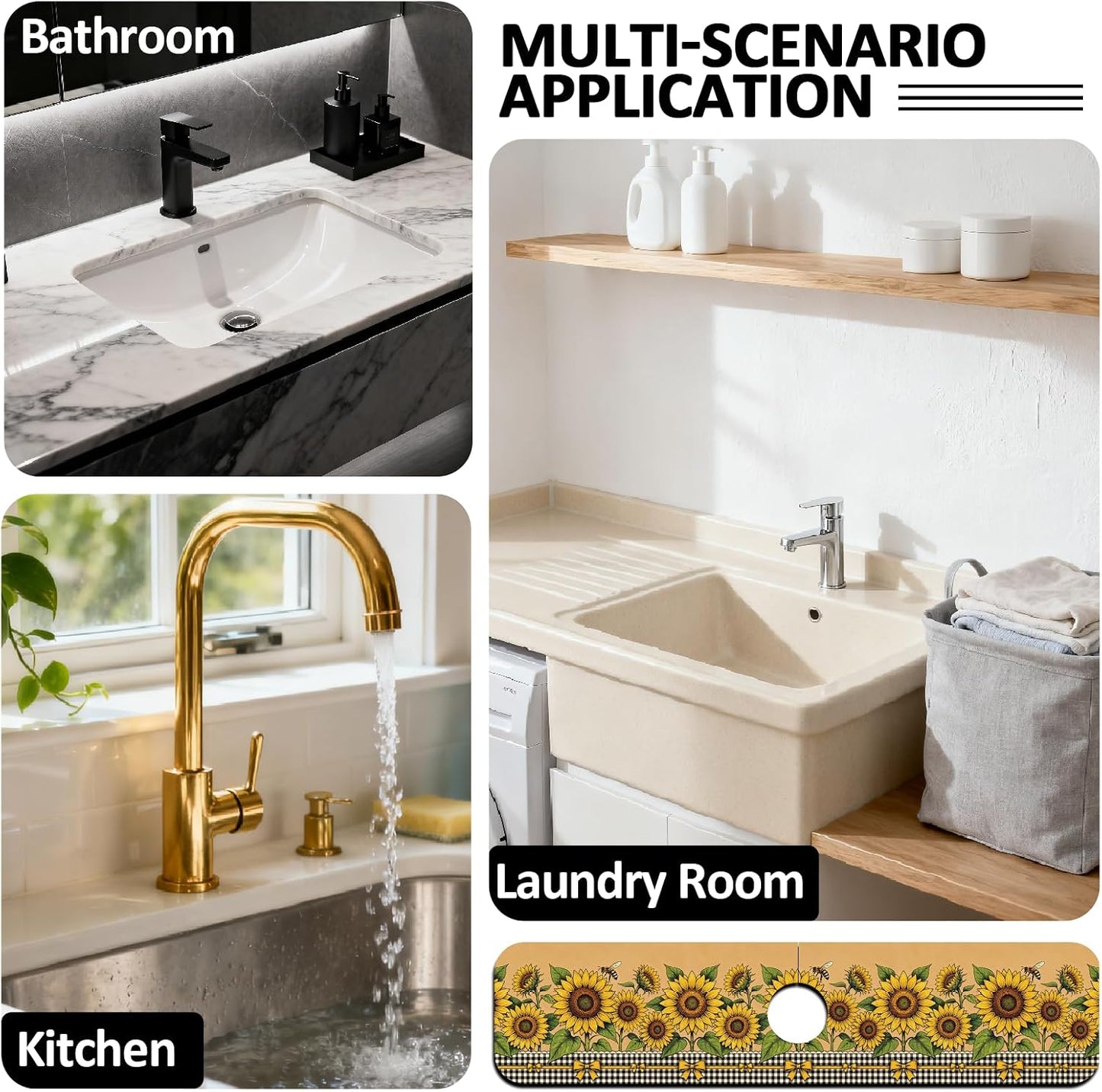 2Pcs Peonies Kitchen Sink Splash Guard Faucet Mat Vintage Florals Faucet Mat For Bathroom Kitchen 5.5x23.6In