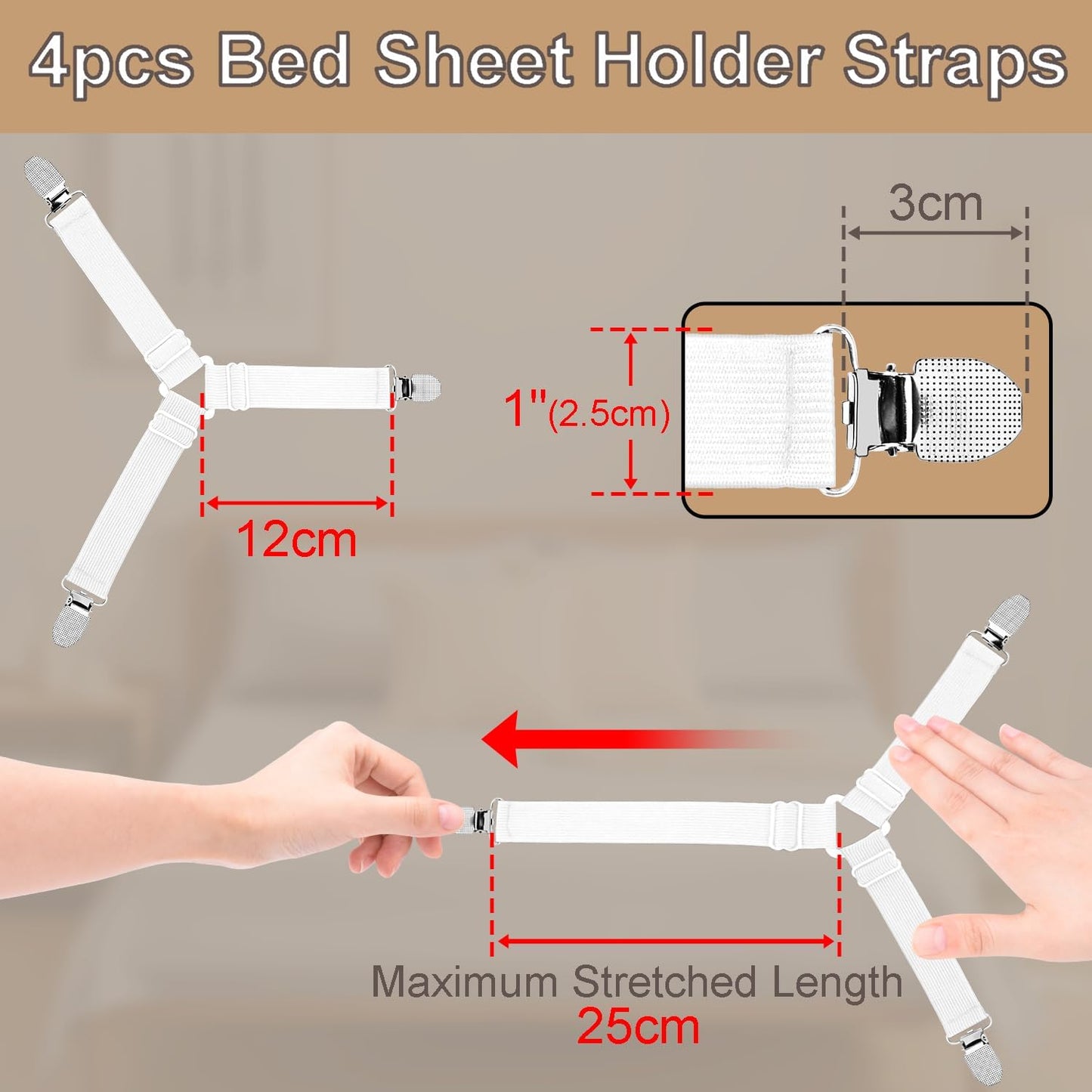 4 Pack Mattress Elastic Straps, Elastic Bed Sheet Holders for Corners Fitted Straps Clip Adjustable Bedsheet Grippers Mattress Sheet Corner Holders, Fitted Bedsheet Clip for Bedding Sofa Cover