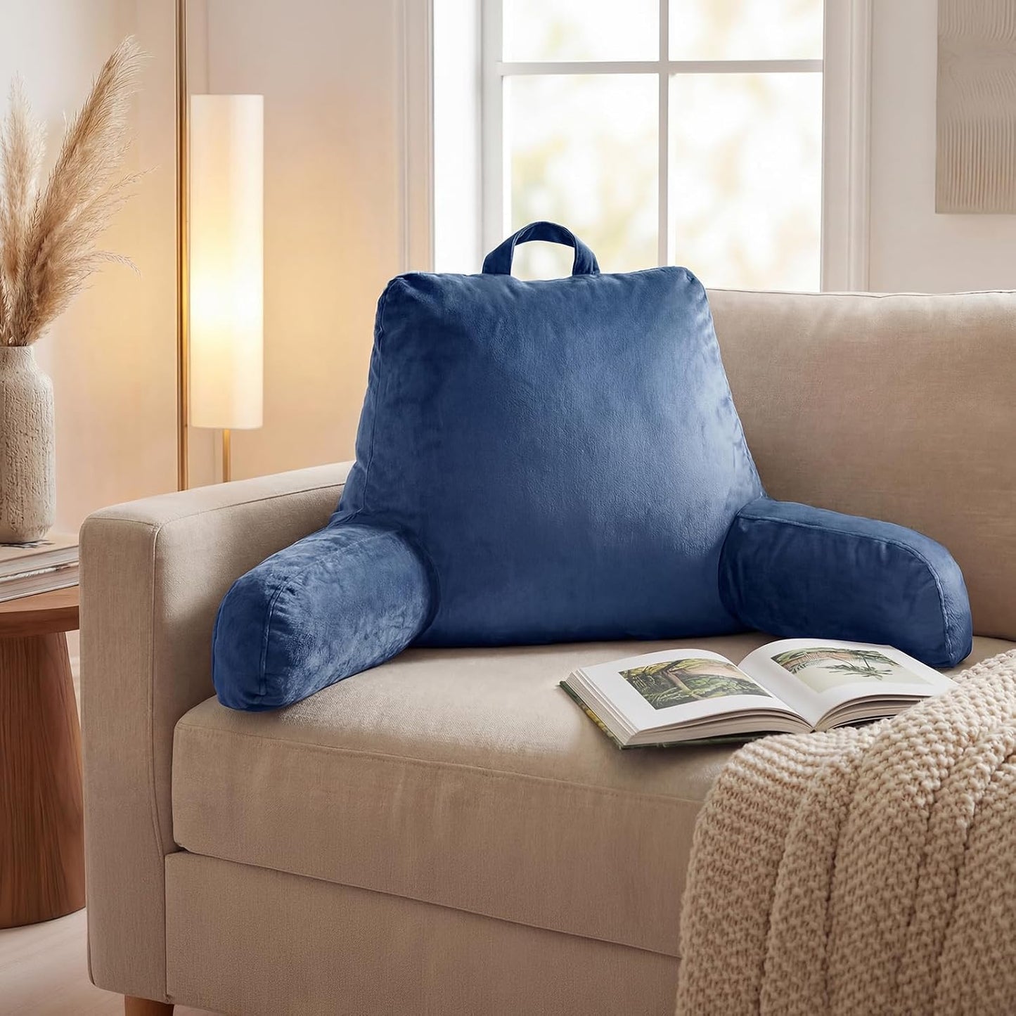 Reading Pillow for Bed with Arm Support, Large Backrest Cushion for Sitting Up in Bed, Plush Ergonomic Back Pillow for Reading, Watching TV, Gaming & Relaxing,Pillow with Shredded Memory Foam,Grey