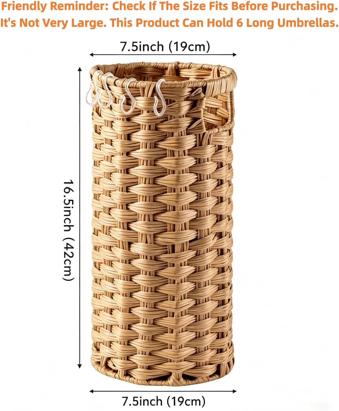 Rattan Umbrella Stand for Entryway,Hand-Woven Umbrella Holder Indoor with Doormat, Removable Drip Tray & 4 Hooks,Waterproof Umbrella Storage Basket