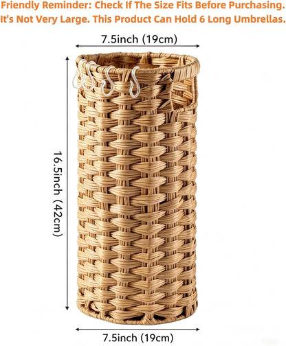 Rattan Umbrella Stand for Entryway,Hand-Woven Umbrella Holder Indoor with Doormat, Removable Drip Tray & 4 Hooks,Waterproof Umbrella Storage Basket
