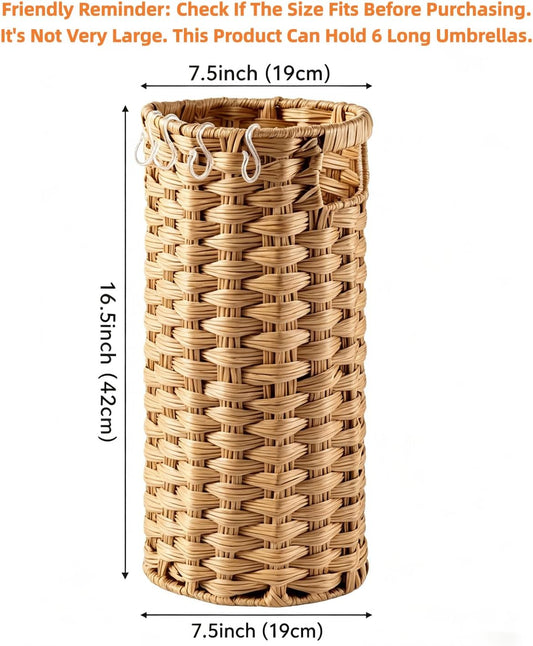 Rattan Umbrella Stand for Entryway,Hand-Woven Umbrella Holder Indoor with Doormat, Removable Drip Tray & 4 Hooks,Waterproof Umbrella Storage Basket