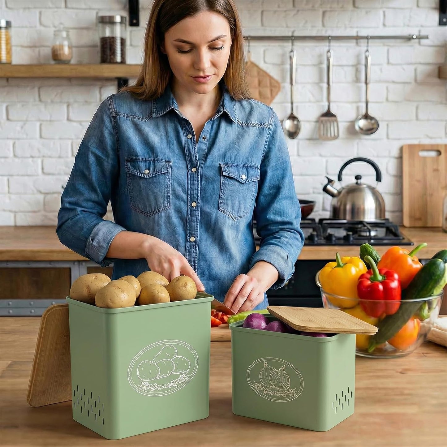 Lifewit Plastic Potato and Onion Storage Bin Box, Set of 3, White | Stackable Garlic Keeper, Vegetable Container Box, Aerating Holes & Lid for Pantry Countertop