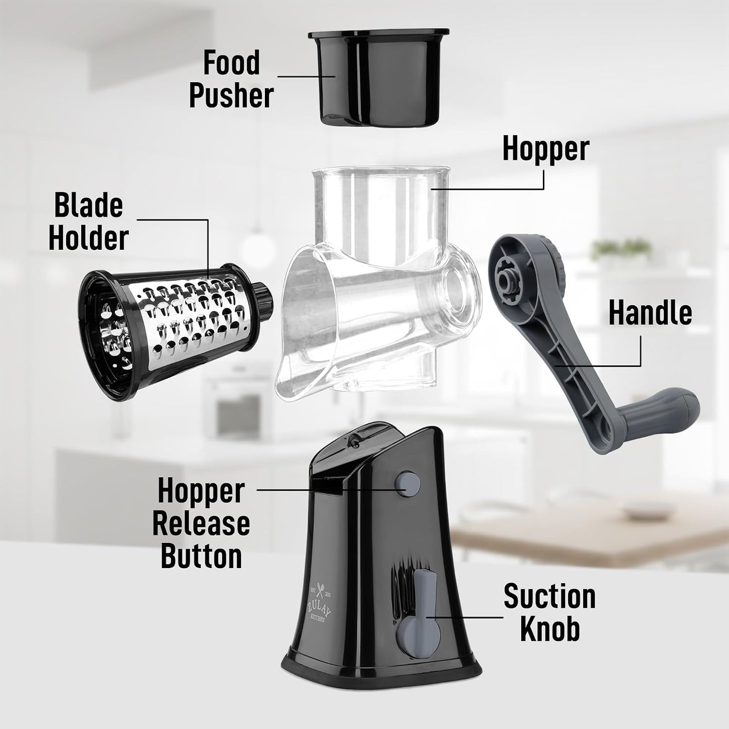 Zulay Kitchen Rotary Cheese Grater 5 Blade Cheese Shredder - Manual Hand Crank Cheese Grater With Reinforced Suction & 5 Interchangeable Drums - Easy to Use, Vegetable Chopper Round Mandoline Slicer - Colors B