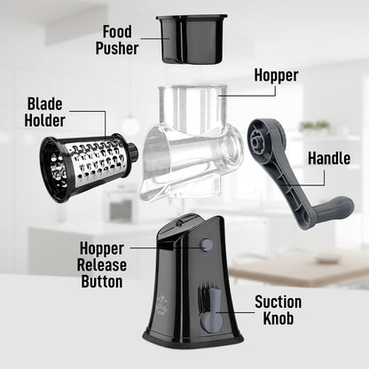 Zulay Kitchen Rotary Cheese Grater 5 Blade Cheese Shredder - Manual Hand Crank Cheese Grater With Reinforced Suction & 5 Interchangeable Drums - Easy to Use, Vegetable Chopper Round Mandoline Slicer - Colors B