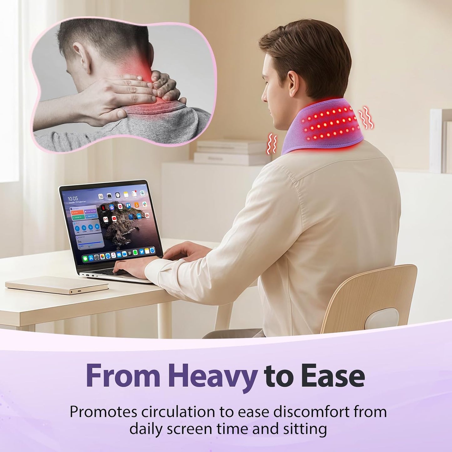 Cordless Neck Heating Pad for Pain, Neck Massager with 660nm 850nm Red Light, Heated Neck Wrap with 3000mAh Rechargeable, 3 Levels Heat & Massage, Black