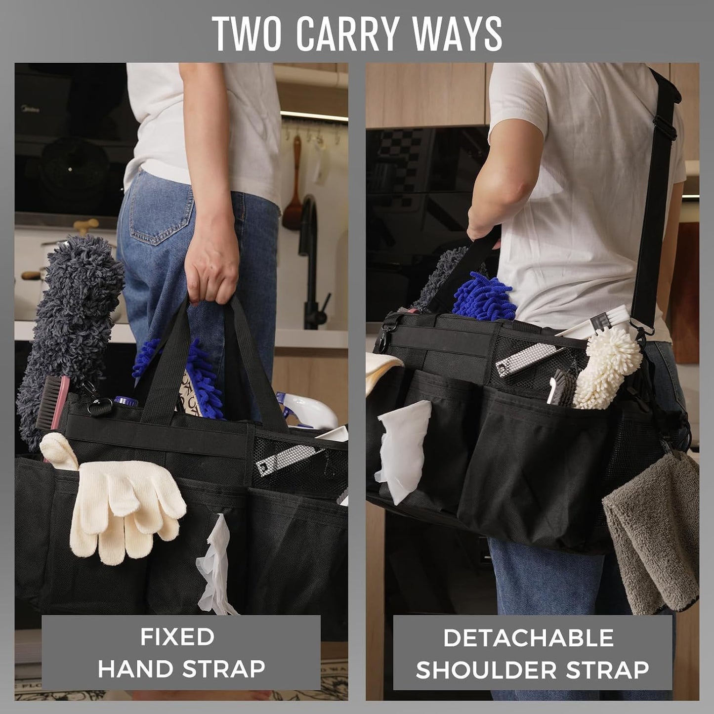 SCAVATA Wearable Cleaning Caddy, Cleaning Caddy Supplies Organizer with Handle & Shoulder Straps for Housekeepers, Under Sink & Car Cleaning Tool Organizers Bag with 4 Foldable Divider (NavyBlue)