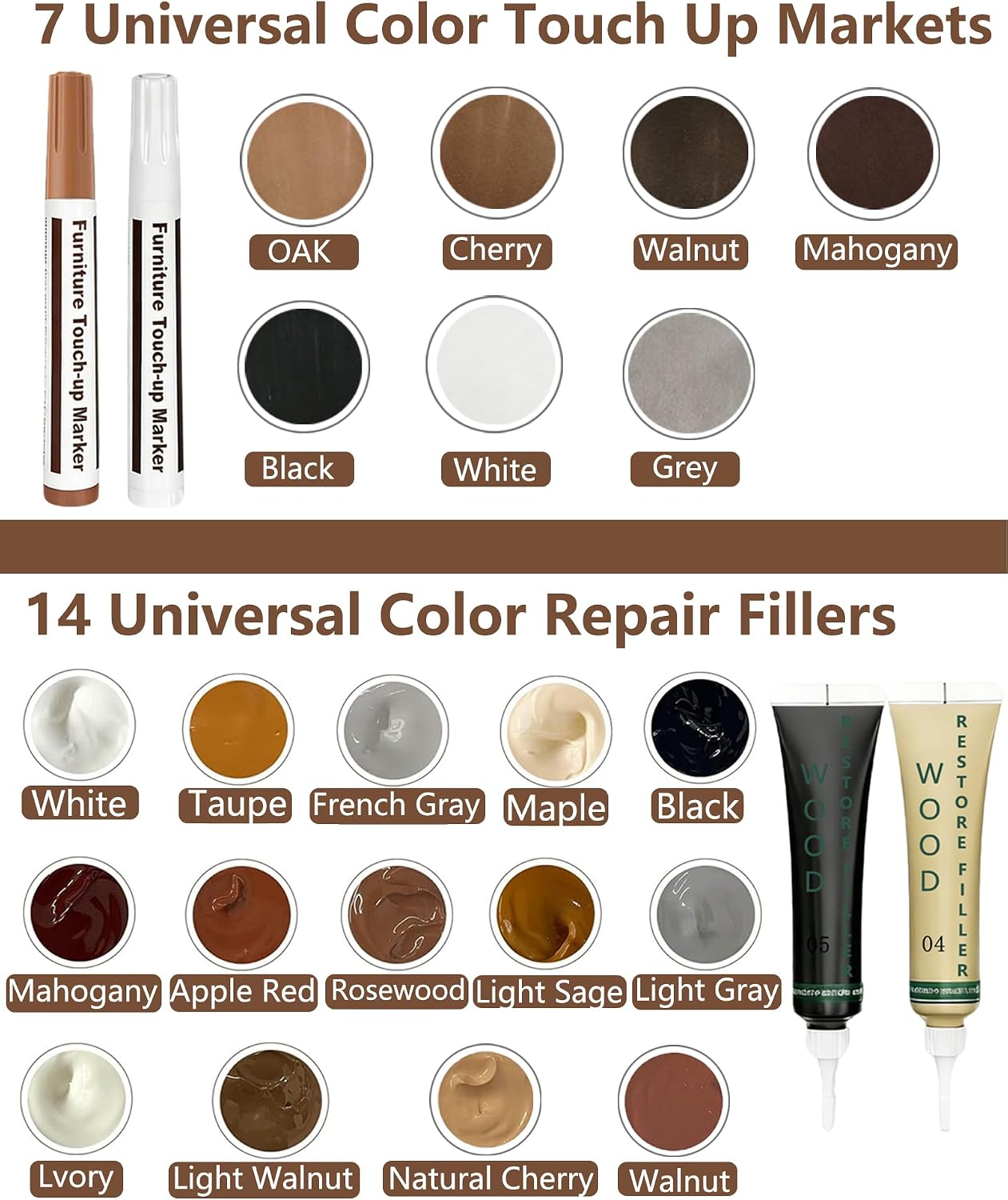 Wood Repair Kit - Scratch Repair Set of 21 - Wood Filler and Furniture Markers for Touching Up Hardwood Scratches, Holes, Cracks, Stains, Laminate Floor, Cabinets, and Tables