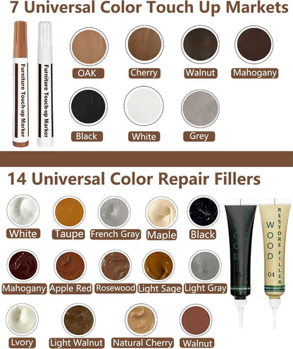 Wood Repair Kit - Scratch Repair Set of 21 - Wood Filler and Furniture Markers for Touching Up Hardwood Scratches, Holes, Cracks, Stains, Laminate Floor, Cabinets, and Tables
