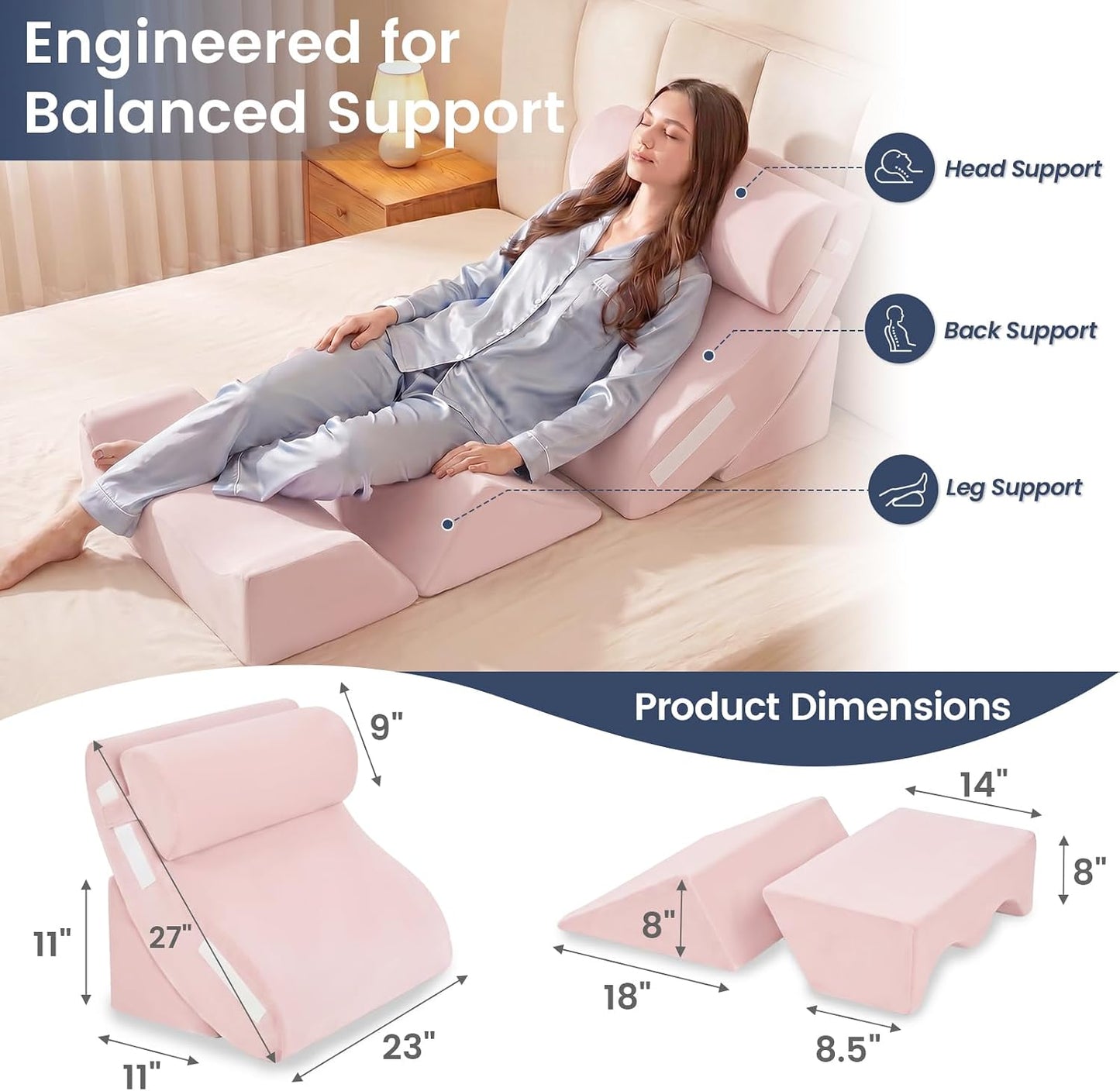 5PCS Wedge Pillow Set for After Surgery, Adjustable Orthopedic Foam Bed Wedge Pillow for Acid Reflux, GERD & Heartburn Relief, Back & Leg Elevation Support for Sleeping & Sitting Up, White Grey