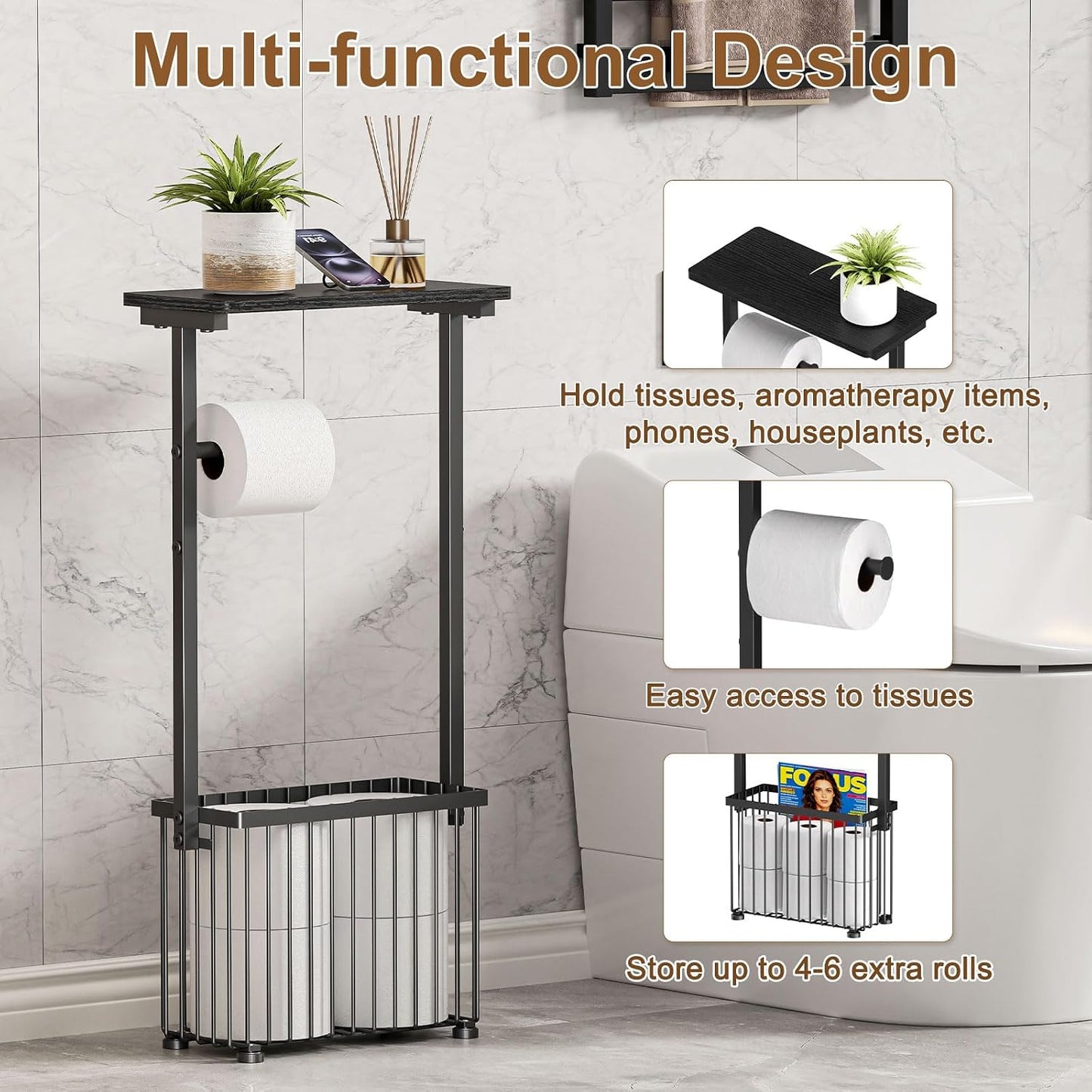 Freestanding Toilet Paper Holder with Storage Shelf | Bathroom Tissue Stand with Space for Phone, Tablet, and Magazines – All-in-One Toilet Roll Dispenser and Organizer