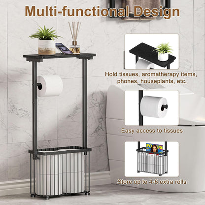 Freestanding Toilet Paper Holder with Storage Shelf | Bathroom Tissue Stand with Space for Phone, Tablet, and Magazines – All-in-One Toilet Roll Dispenser and Organizer