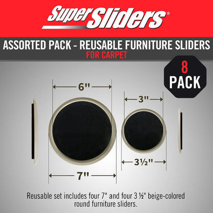Super Sliders 8-Piece 7" and 3-1/2" Round Reusable Furniture Sliders for Carpet, Anti-Slip Protective Furniture Moving Pads for Beds, Sofas, Dressers, Beige