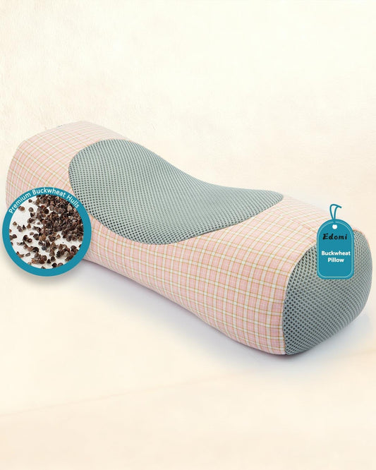 Buckwheat Cervical Neck Roll Pillow,17.7"x5.9" Firm Support Neck Bolster with Washable Cover, Adjustable Hard Cylinder Round Pillow with Buckwheat Hulls, for Office Lunch Breaks Sleeping,Pink