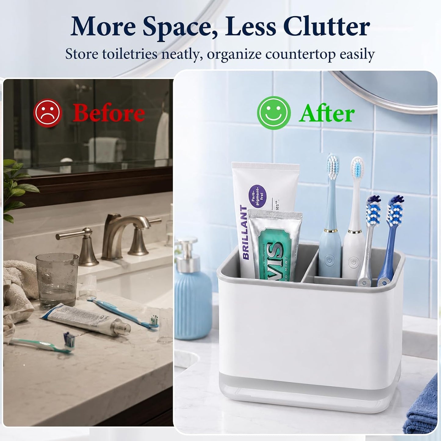 Toothbrush Holders for Bathrooms, 3 Slots Tooth Brush Holder for Bathroom Organizer Storage, Electric Toothbrush Holder and Toothpaste Holder for Countertop with Drainage