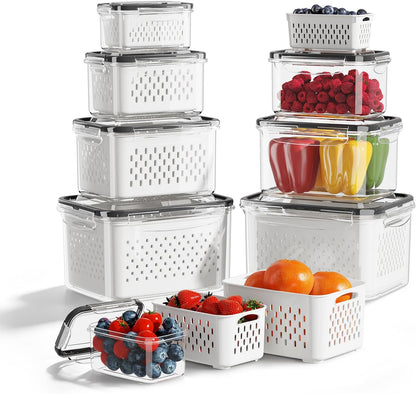Fruit Storage Container for Fridge with Removable Colander, 6 Pack | Leakproof Produce Containers for Fridge, Airtight Food Storage Container, Keep Fruit, Veggies, Berry, Salad Fresh Longer