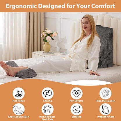 BIEEZZK Wedge Pillow Set for After Surgery, Wedge Pillow for Acid Reflux, Bed Wedge Pillow with Adjustable 9&12inch for Headboard,Sleeping, Orthopedic Memory Foam for Neck&Back Support, White/Grey