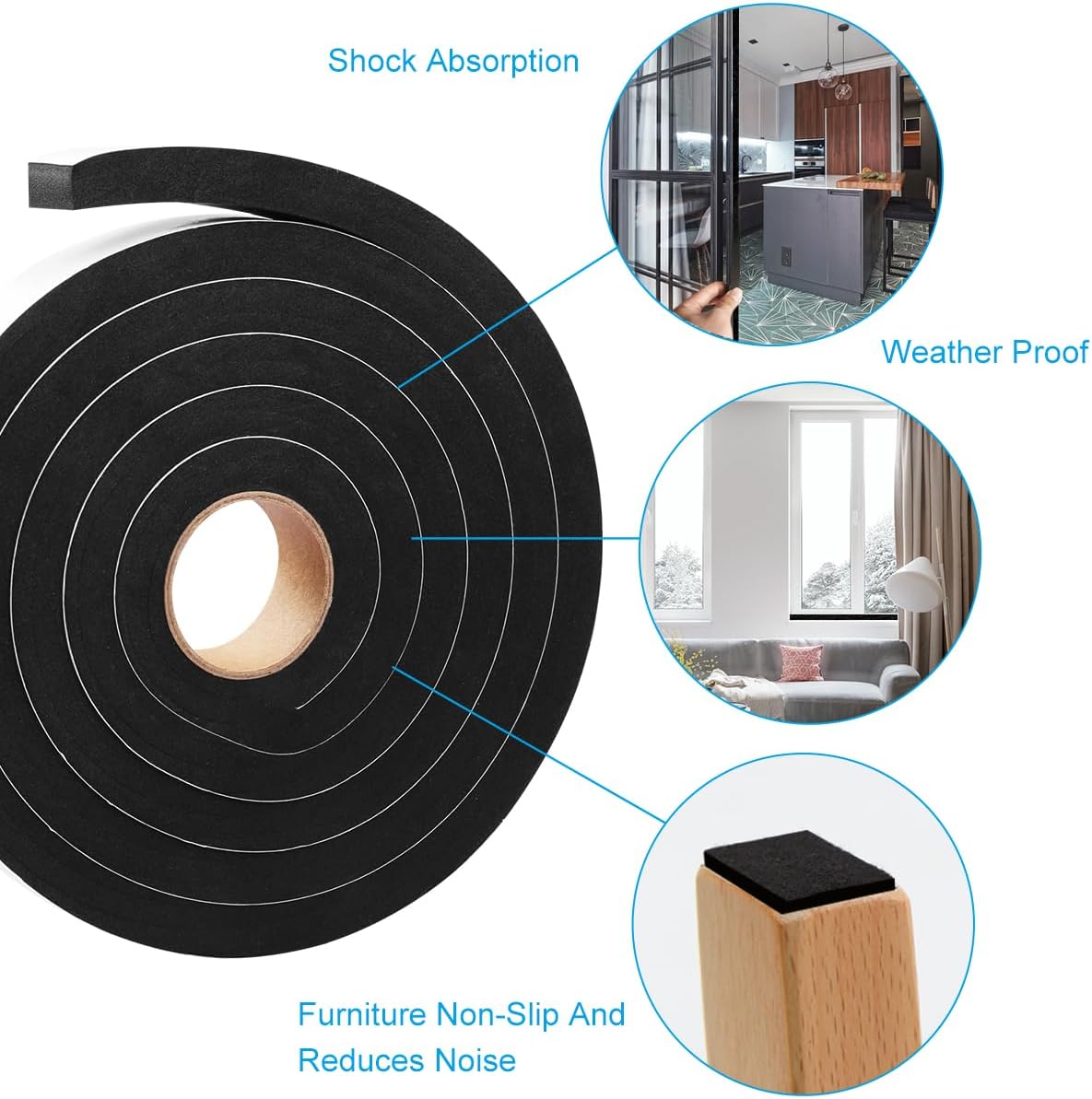 2 Rolls Foam Seal Tape for Door Window Insulation, Soundproof and Shockproof Foam Adhensive Strip, 3/8" Wx3/16 T Single Sided Foam Tape, Cold Air and Draft Closed Cell Seal Strip,Total 32FT