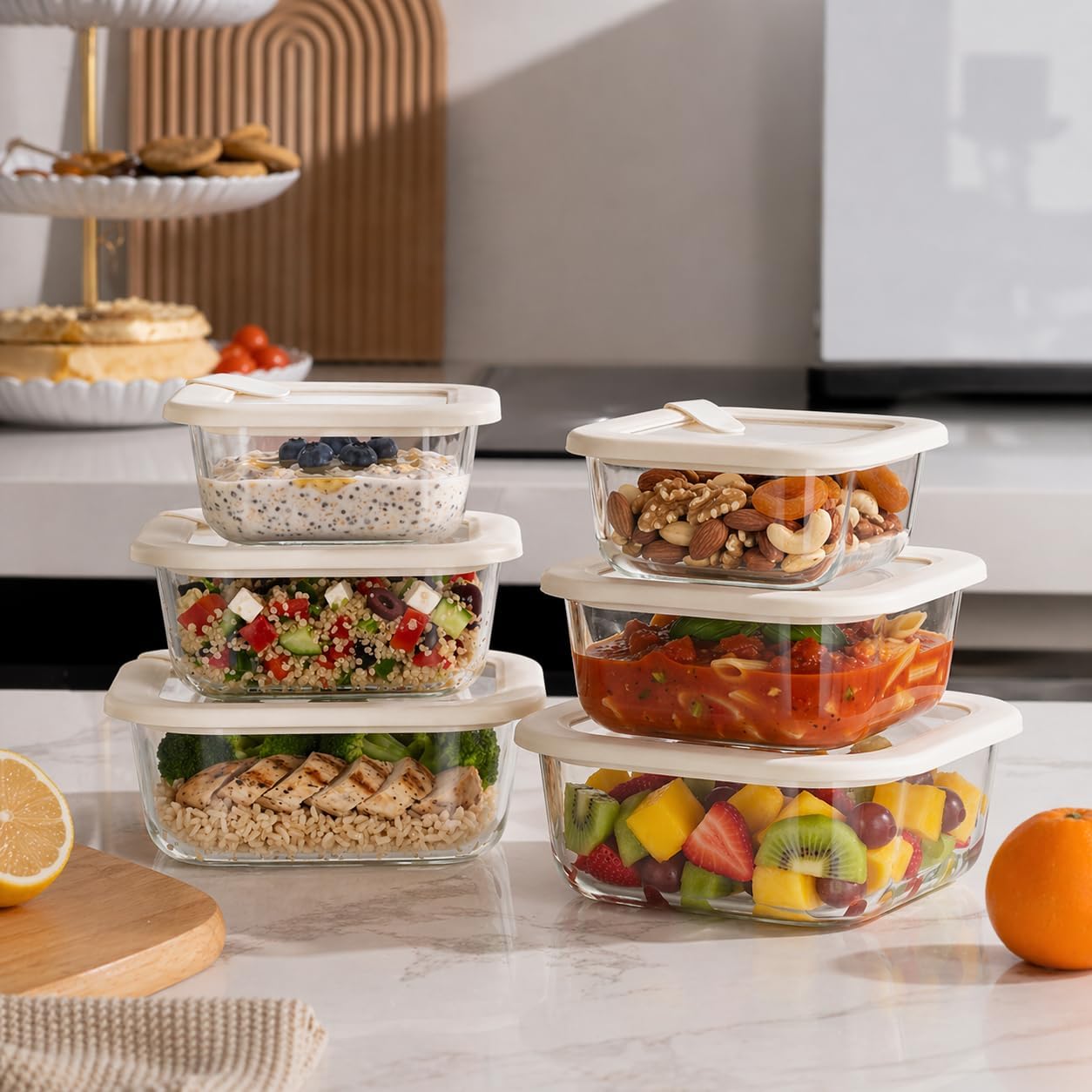 Glass Food Storage Containers with Glass Lids, Microwave Safe Food Container Set, Aitight Meal Prep Container Set, BPA Free, 2 extra Colanders, LeakProof, 2 Pack of 60oz