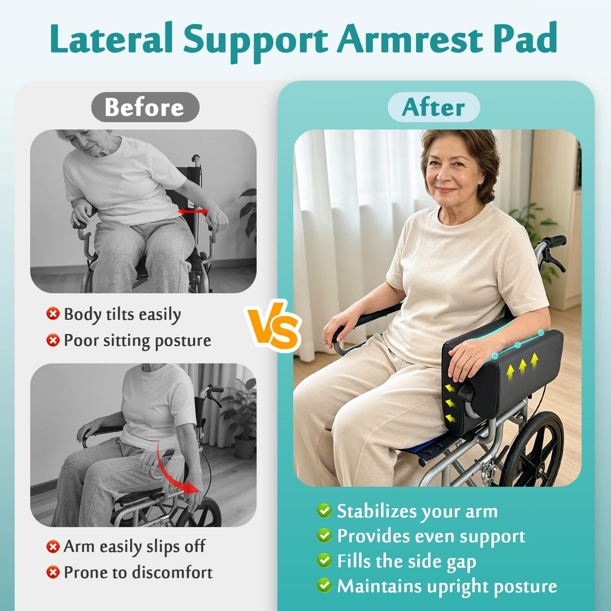 AOSSA Wheelchair Armrest Pad with Lateral Support, Arm Trough Cushion for Wheelchair Attachment, Ergonomic Arm Rest Elbow Pillow for Torso Side Leaning, Foam Arm Platform for Elderly (11")