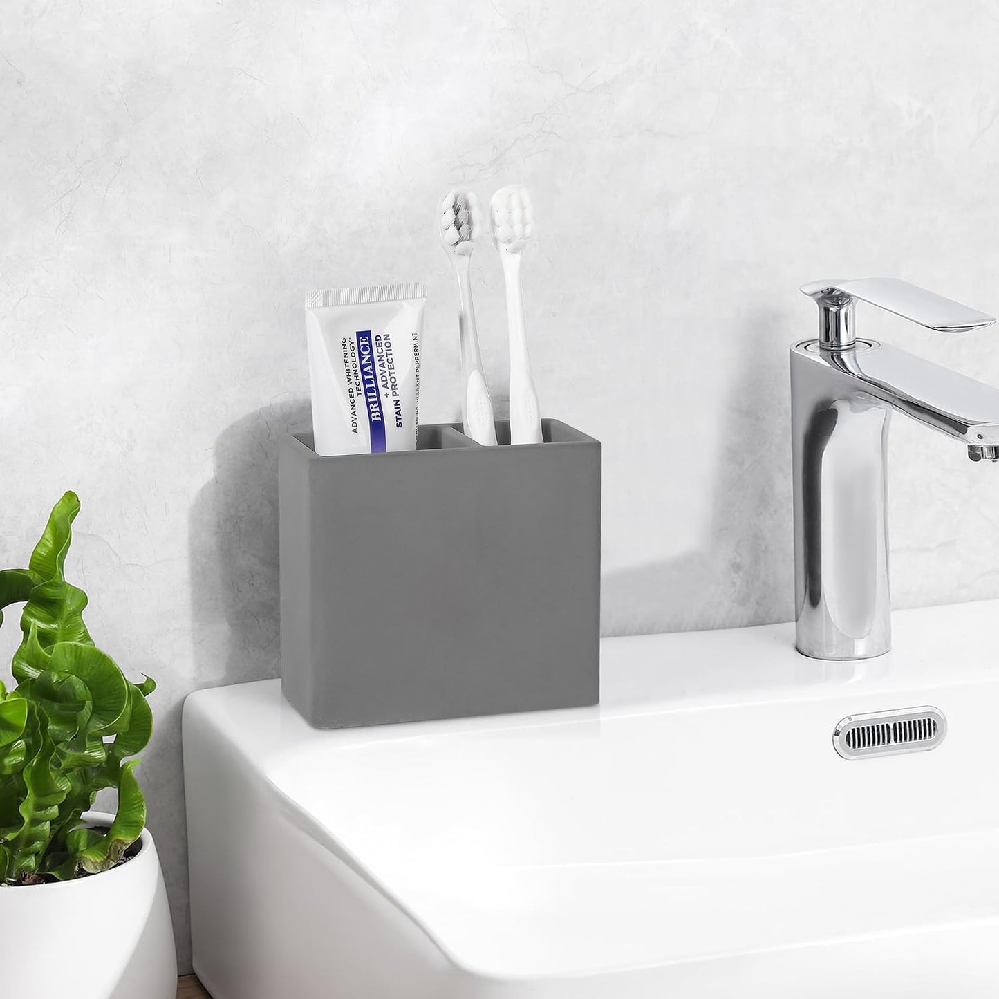 Diatomite Toothbrush Holder Toothpaste Organizer, Marble White | Quick Drying, Non-Slip, 2 Slots Kids Electric Tooth Brush Holder for Bathroom, for Countertop, Shower, Vanity