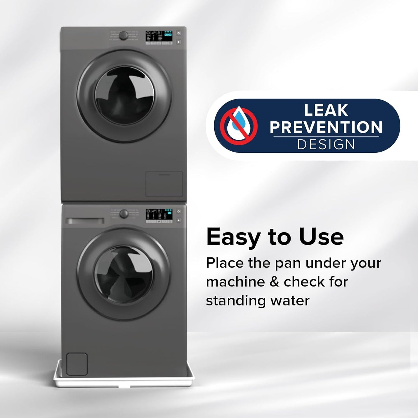 Camco Stackable Washing Machine Drain Pan - Measures 25″ (L) x 27″ (W) ID & 28″ (L) x 30″ (W) x 2 7/16″ (H) OD - Great for Apartment-Sized Washers/Stackable Units - 1"/1.5" PVC Drain Fitting (21006)