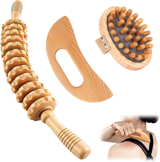 KintKita Wood Therapy Massage Tools 3 in 1,Wooden Lymphatic Drainage Massager, Body Sculpting Tools Cellulite Massager for Maderoterapia, Body Contouring, Relief Muscle, Anti-Cellulite