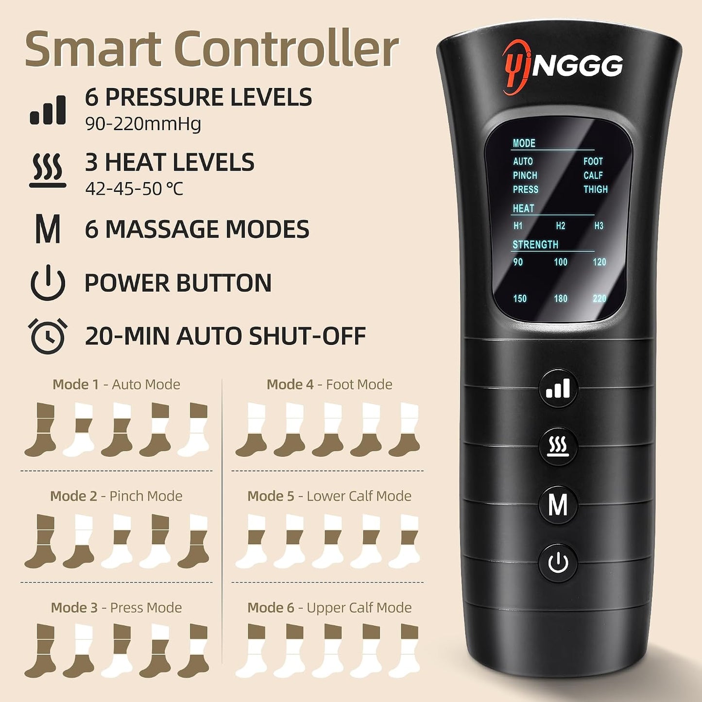 YINGGG Leg Compression Massager with Heat, Foot & Calf Massager Boots for Circulation, Professional Sequential Compression Boots with 6 Modes, 6 Intensities, 3 Heat-M03