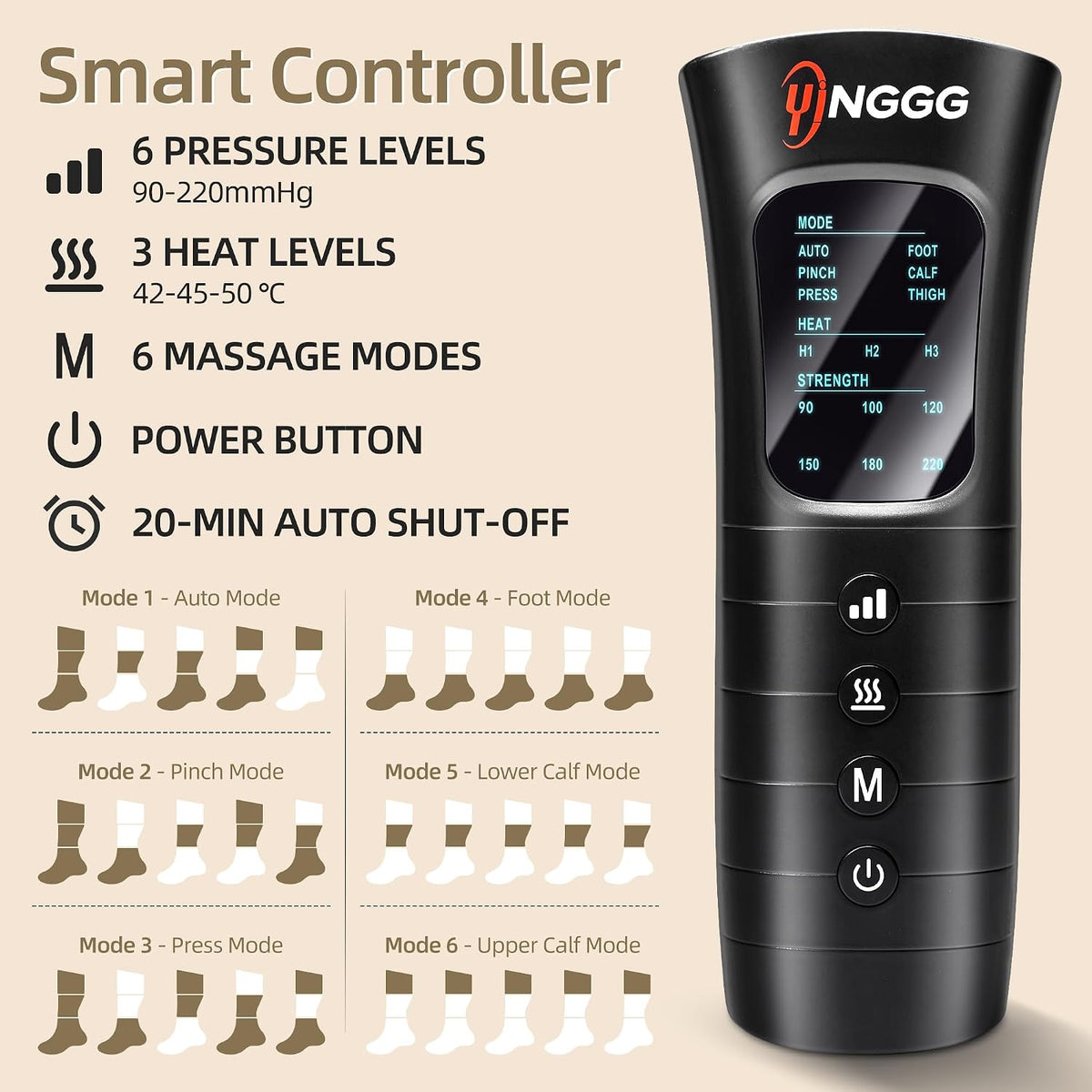 YINGGG Leg Compression Massager with Heat, Foot & Calf Massager Boots for Circulation, Professional Sequential Compression Boots with 6 Modes, 6 Intensities, 3 Heat-M03