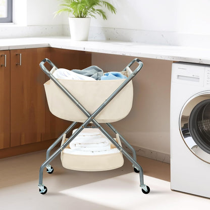 STORAGE MANIAC Collapsible Laundry Cart with Wheels 35.6"H Removable Canvas Bag Rolling Laundry Hamper Clothes Basket with Wheels, Sturdy Steel Frame Folding for Small Narrow Space Easy Storage, Beige