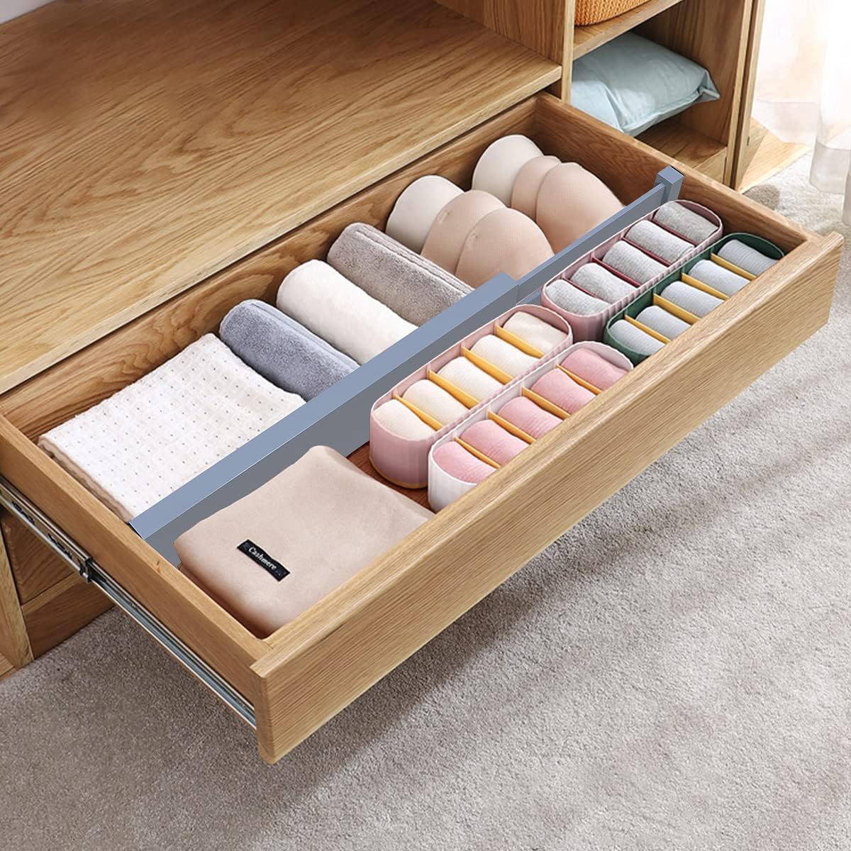Bamboo Drawer Dividers Organizers, Drawer Separators Splitter,17-22 inches Long Adjustable Spring-loaded Organizer for Large Utensil, Clothes, Tools Drawers(yellow)