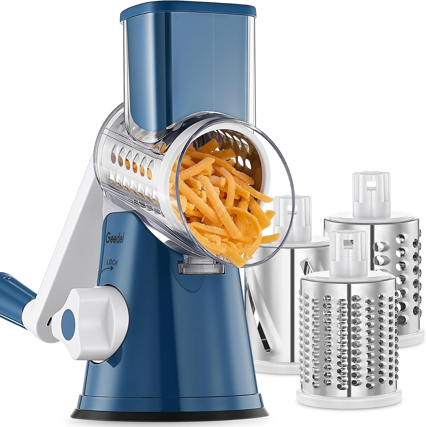 Geedel Rotary Cheese Grater, Kitchen Mandoline Vegetable Slicer with 3 Interchangeable Blades, Easy to Clean Rotary Grater Slicer for Fruit, Vegetables, Nuts | 3 Blades, 430 Stainless Steel, 12x Fast Cutting, Strong Suction Base, No BPA, Dishwasher Safe,