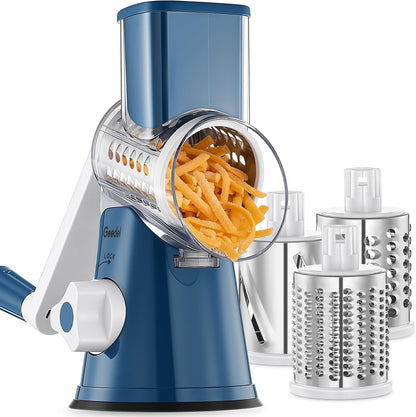 Geedel Rotary Cheese Grater, Kitchen Mandoline Vegetable Slicer with 3 Interchangeable Blades, Easy to Clean Rotary Grater Slicer for Fruit, Vegetables, Nuts | 3 Blades, 430 Stainless Steel, 12x Fast Cutting, Strong Suction Base, No BPA, Dishwasher Safe,