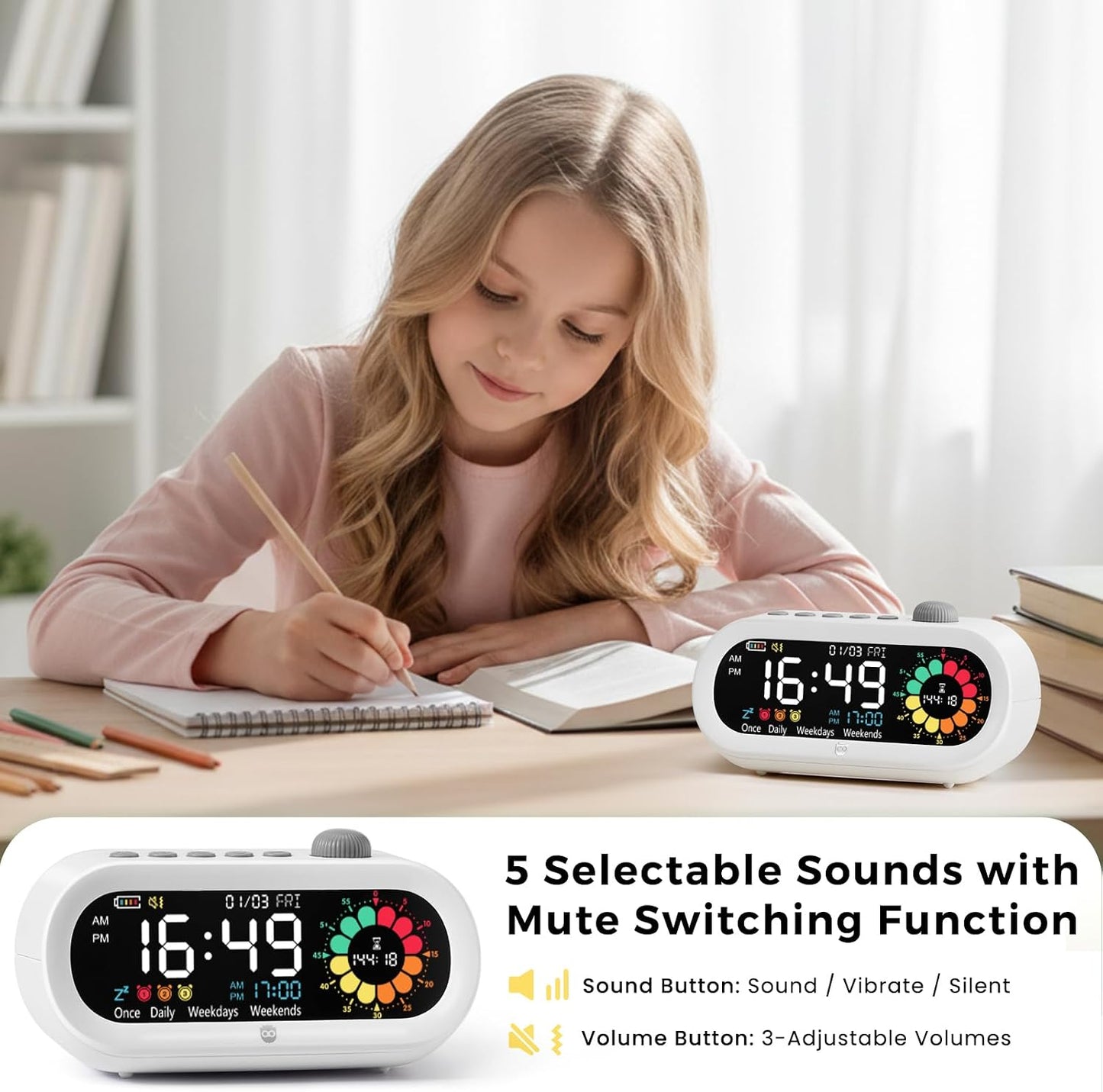 Mooking 3 in 1 Digital Alarm Clock for Bedroom with Visual Timer for Kids | Rechargeable Clock with Multiple Alarms, 199-Minute Timers Silent Non Ticking, Time Management Tools for Home School Study