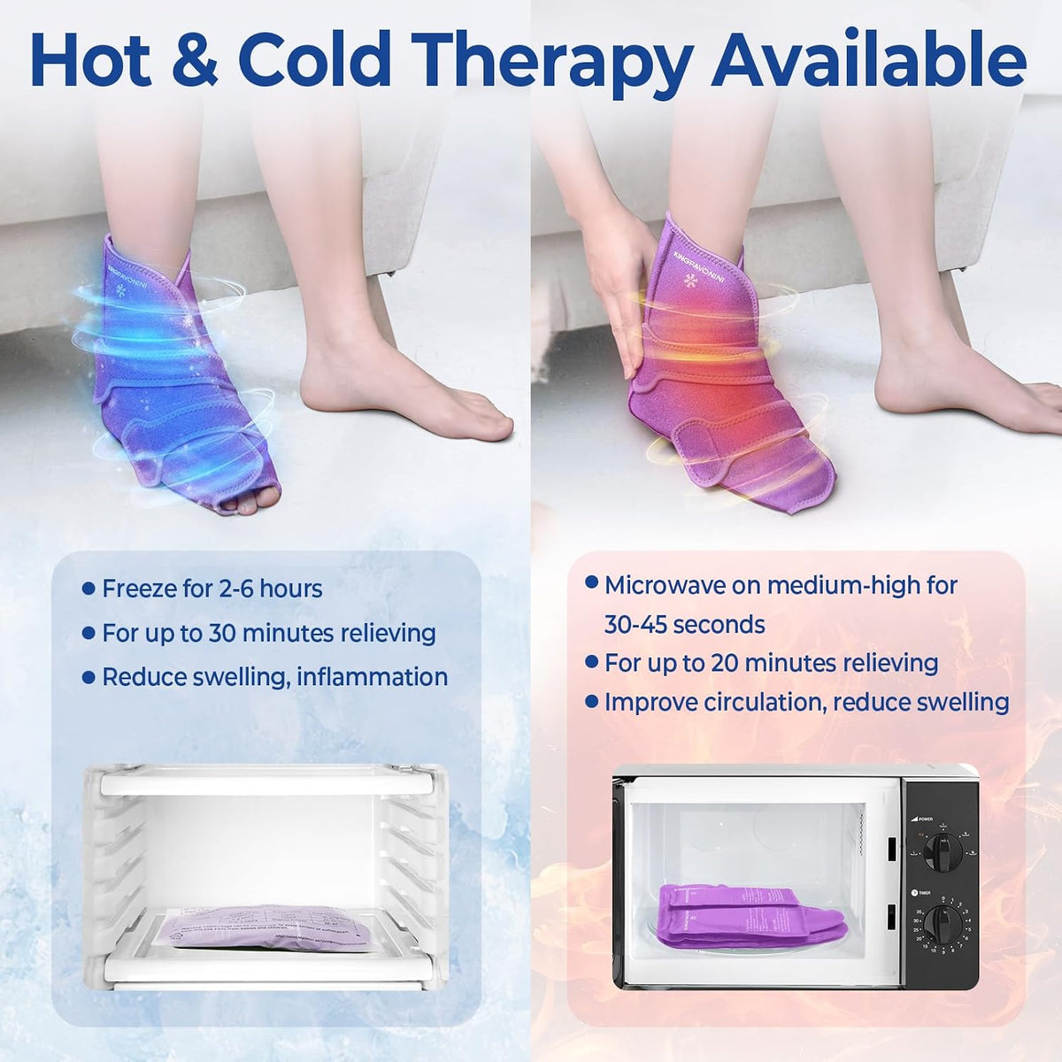 KingPavonini Ankle Foot Ice Pack Wrap, XL, Blue, 1 Wrap + 4 Gel Packs