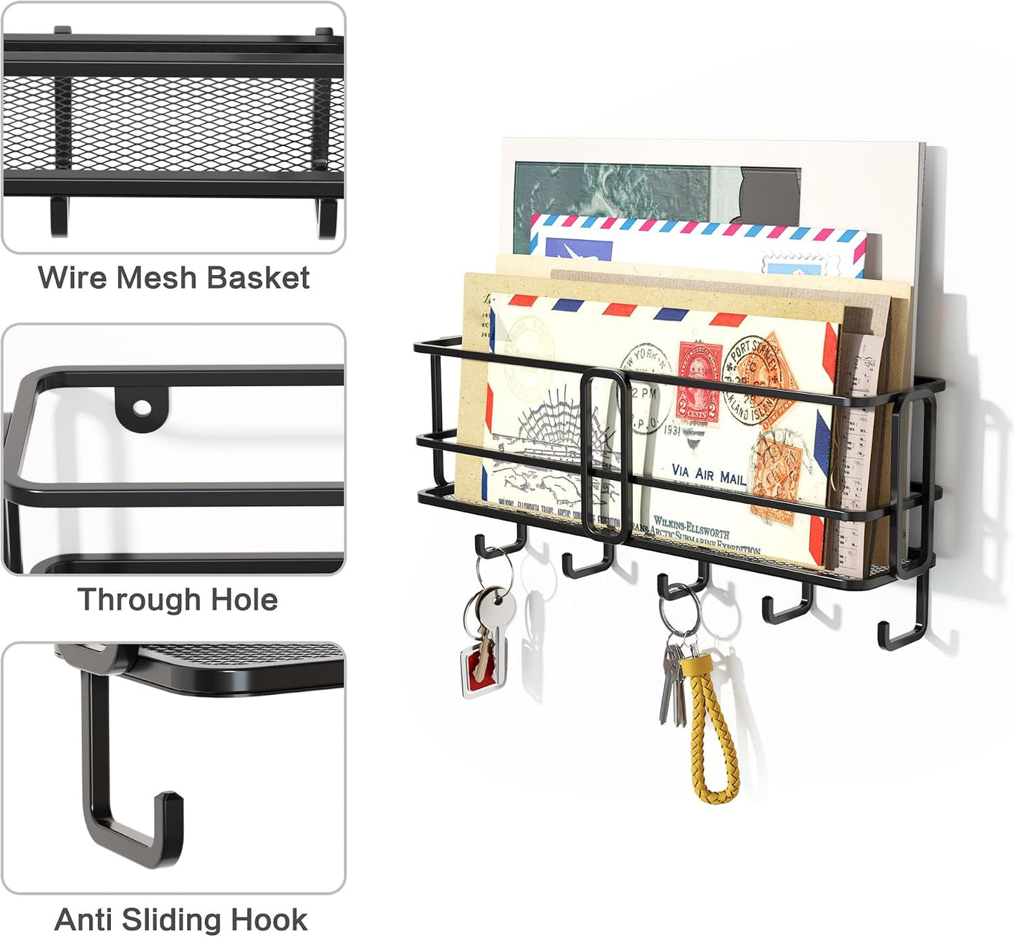 SRIWATANA Key Holder Wall Mount with 5 Hooks, Metal Mail Organizer, Black | Key Hooks for Wall, Mail Storage Basket, 10.8''L x 2.6''W x 4.5''H, Mail Holder for Wall for Home Office Entryway Hallway