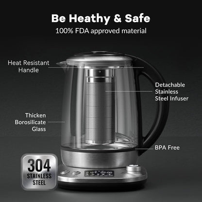 Mecity Electric Tea Kettle with Removable Infuser, 9 Preset Brewing Programs, Temperature Control, 2 Hours Keep Warm, Borosilicate Glass, 1.7 Liter, 1200W