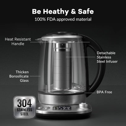 Mecity Electric Tea Kettle Borosilicate Glass Tea Maker With Temperature Control and Infuser - LCD Display and Preset Brewing Programs - 1.7 Liter Water Boiler