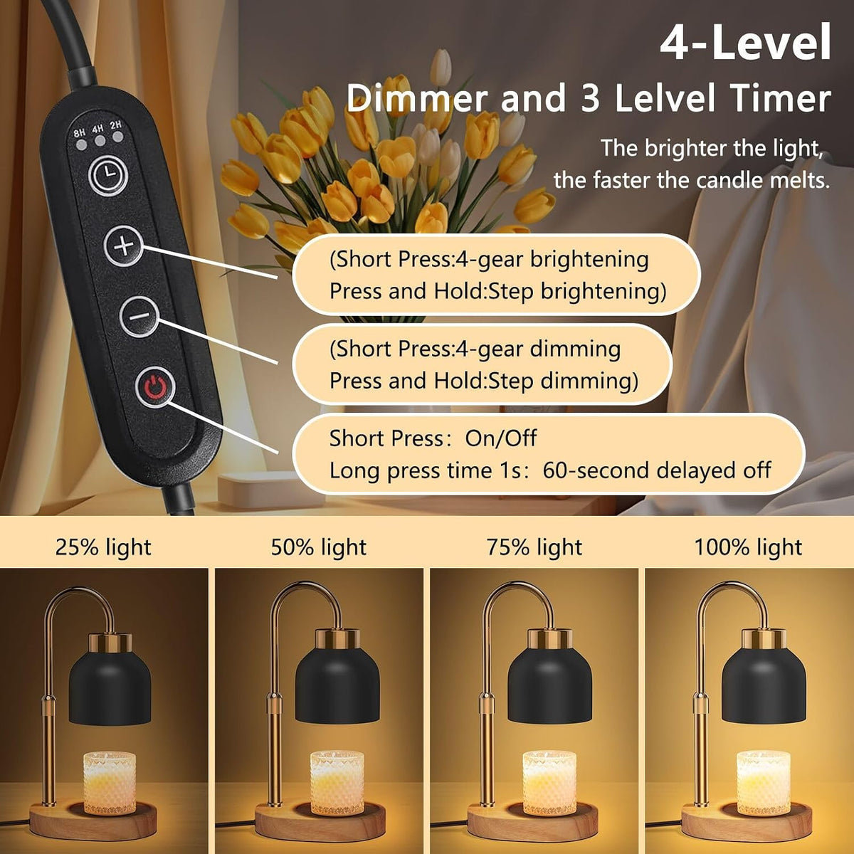 Candle Warmer Lamp with Timer Dimmer, Height & Brightness Adjustable