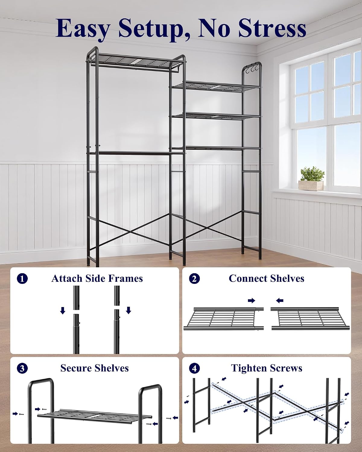 Kitsure Laundry Room Shelves - Multi-Functional Over Washer and Dryer Shelves with Hanging Bar & Removable Hooks, Space-Saving Organizer for Laundry Room, Kitchen, 58.4" W x 13.0" D x 70.9" H, Black
