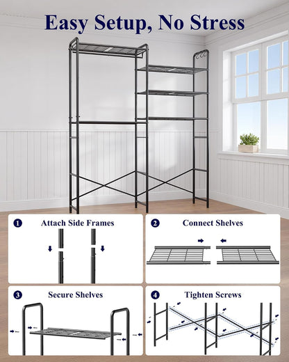 Kitsure Laundry Room Shelves - Multi-Functional Over Washer and Dryer Shelves with Hanging Bar & Removable Hooks, Space-Saving Organizer for Laundry Room, Kitchen, 58.4" W x 13.0" D x 70.9" H, Black