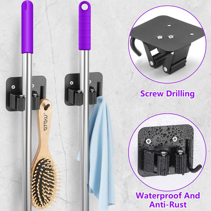 Stainless Steel Broom Holder, Heavy Duty, Rust Resistant, 4 Gripper Positions with 4 Hooks, Black | Drill-Mounted Gripper Rack Holds Brooms, Mops and Garden Tools Safely in the Laundry Room, Kitchen, Garage, Garden and Shed